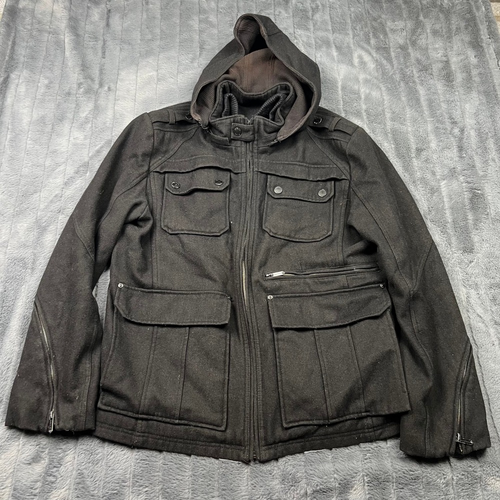 Black Rivet Mens Wool Blend Field Jacket Hooded Multi Pocket Black RN54163 14291